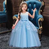 Girl Mesh Floral Embroidered Bowknot Party Maxi Gown Dresses