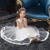 Toddler Girl Embroidered Jewelry Flower Bowknot Two Layers Lace Tutu  Party Gown Dresses