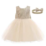 Toddler Girl Sequins Bowknot Princess Baby Party Gown Dress With Hair Band