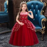 Girl Mesh Floral Embroidered Bowknot Party Maxi Gown Dresses
