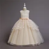 Girl Mesh Floral Embroidered Bowknot Party Maxi Gown Dresses