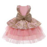 Toddler Girl Gold Embroidery Flowers Sequins Bowknot Backless Tutu Gown Dress