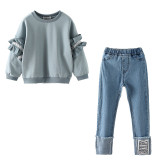 Girls Lace Long sleeve Sweater and Blue Jeans Two-Piece Outfits