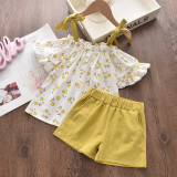 Girls Ruffles Shoulder Tied up Blouse Tops and Pure Shorts Two-Piece Outfit
