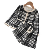 Girl Plaid Cardigan Long Sleeve Coat and Shorts Set Outfit