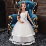 Toddler Girl Embroidered Jewelry Flower Bowknot Two Layers Lace Tutu  Party Gown Dresses