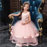 Toddler Girl Embroidered Jewelry Flower Bowknot Two Layers Lace Tutu  Party Gown Dresses