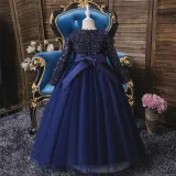 Girl Sequins Long Sleeve Bowknot Tutu Maxi Long Sleevs Gown Dresses