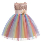 Girl Sequins Flower Belt Rainbow Tutu Gauze Princess Gown Dress