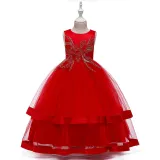 Toddler Girl Embroidered Jewelry Flower Bowknot Two Layers Lace Tutu  Party Gown Dresses