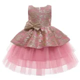 Toddler Girl Gold Embroidery Flowers Sequins Bowknot Backless Tutu Gown Dress