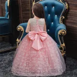 Girl Mesh Floral Embroidered Bowknot Party Maxi Gown Dresses