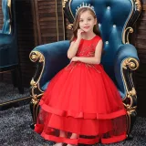 Toddler Girl Embroidered Jewelry Flower Bowknot Two Layers Lace Tutu  Party Gown Dresses