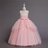 Girl Mesh Floral Embroidered Bowknot Party Maxi Gown Dresses