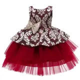 Toddler Girl Gold Embroidery Flowers Sequins Bowknot Backless Tutu Gown Dress