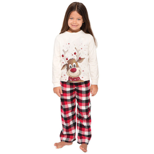 Toddler Kids Boys and Girls Christmas Pajamas Sets White Christmas Deer Top and Red Plaids Pants