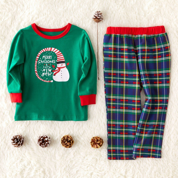 Toddler Kids Boys and Girls Christmas Pajamas Sets Green Slogan Top and Navy Plaids Pants