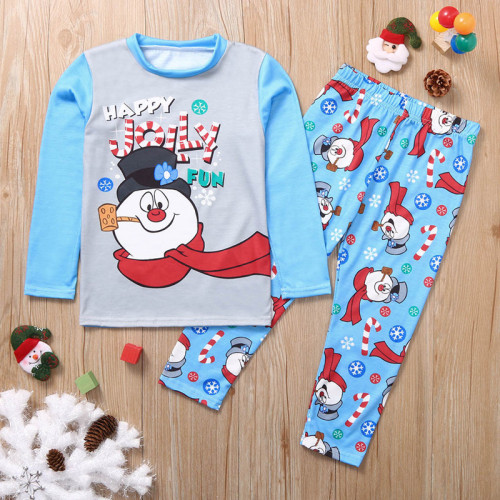 Toddler Kids Boys and Girls Christmas Pajamas Sets Blue Jolly Snow Man Top and Snowflake Pant