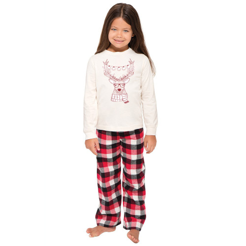 Toddler Kids Boys and Girls Christmas Pajamas Sets Christmas White Deer Top and Red Plaids Pants
