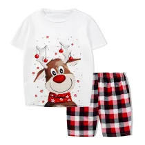 KidsHoo Exclusive Design Toddler Kids Boys and Girls Christmas Pajamas Sets Cute White Christmas Deer T-shirt and Red Plaids Short Pants