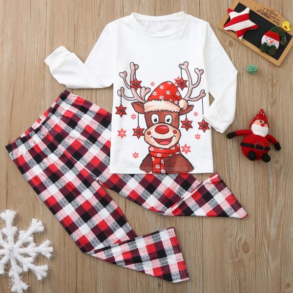 Toddler Kids Boys and Girls Christmas Pajamas Sets Deers Plaid Snow Top and Red Pants