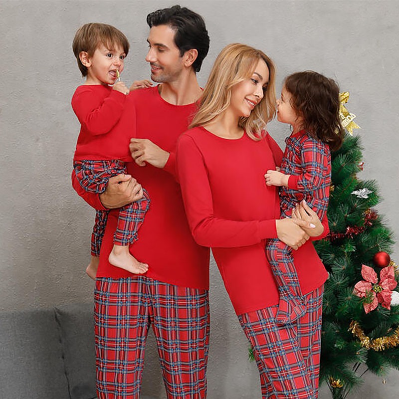 Christmas Family Matching Pajamas Christmas Red Top And Plaids Pant