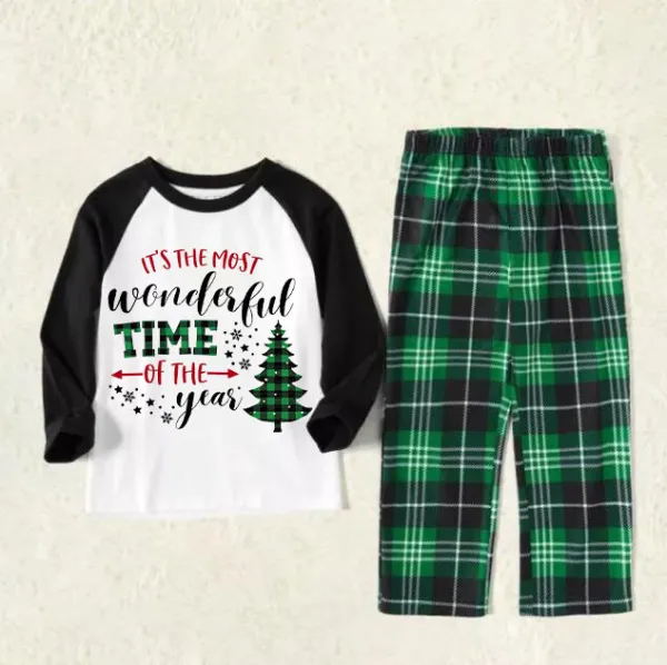 KidsHoo Exclusive Design Baby Toddler Boys Girls Christmas Sleepwear Pajamas Sets Most Wonderful Time Slogan Trees Tops And Green Plaids Pants