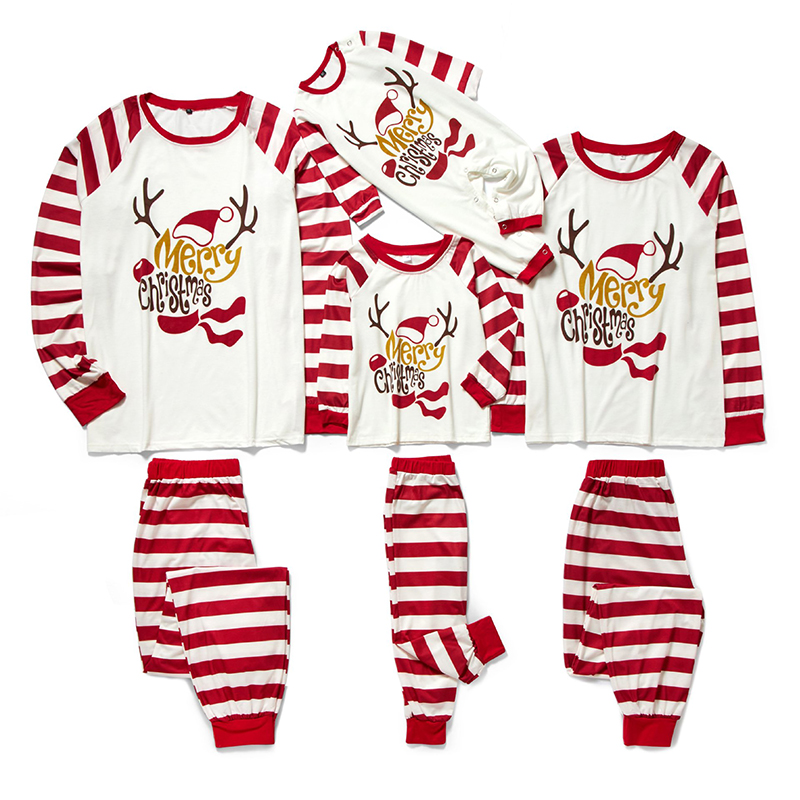Christmas Family Matching Sleepwear Pajamas Christmas Hat Antler Slogan Tops And Red Stripes Pants