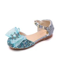 Toddler Girls Blue Jewelry Rhinestone Mesh Bowknot Sequins Pearls Dress Shoes Sandals