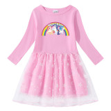 Toddler Girl Rainbow Horse Printed Mesh Long Sleeve Tutu Dress