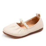 Toddler Girls Soft Sole PU Leather White Pearls Flat Dress Shoes