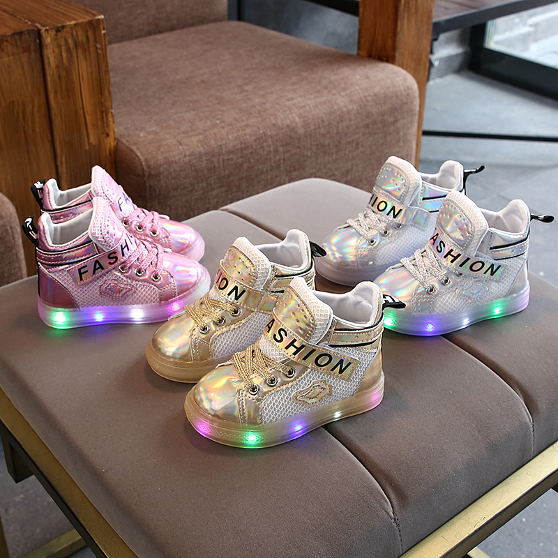 Toddler Kids Girls LED Light Bright Leather Fashion Sneakers Shoes