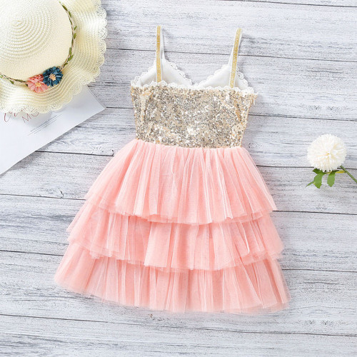 Toddler Kid Girl Golden Sequins Suspender Pink Tutu Princess Dress