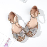 Toddler Girl Sequins Jewelry Bowknot Pearls Flat Sandals Girl Dress Shoes