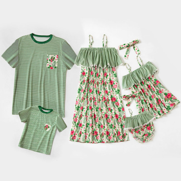 Matching Family Suit Stripe Printing Splicing Mom Flower Dress And Dad T-Shirt