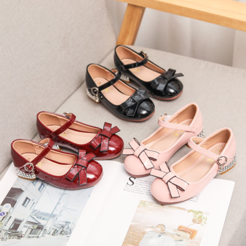 Toddler Girls Leather Bowknot Jewelry Pump Heels Dress Shoes