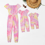 Mommy and Me Mother Daughter Tie-Dye Off Shoulder Short Sleeved Jumpsuits