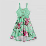Matching Family Suit Flowers Mom Girl Slip Green Dress And Dad T-Shirt