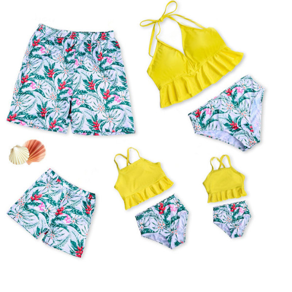Matching Family Suit Flowers And Leaves Printing Family Parent-Child Beach Swimsuit