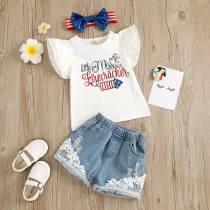 Toddler Kid Girl Ruffles White Blouse Tops and Lace Jean Shorts Summer Set