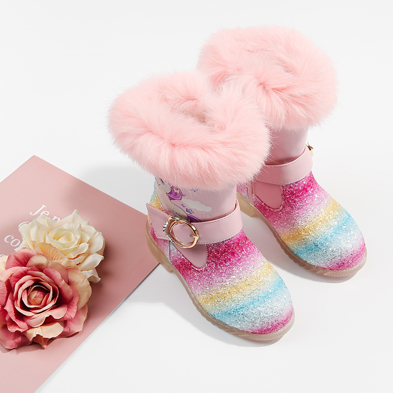Toddler Kids Girls Rainbow Sequins Winter Warm Snow High Knee Boots Shoes
