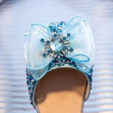 Toddler Girls Blue Jewelry Rhinestone Mesh Bowknot Sequins Pearls Dress Shoes Sandals
