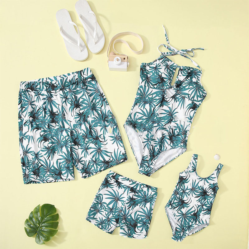 Matching Family Suit Leaves Hollow out Printing Family Parent-Child Beach Swimsuit