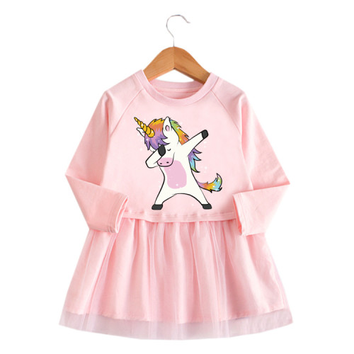 Toddler Girl Rainbow Unicorn Princess A-line Long-Sleeved Mesh Dress