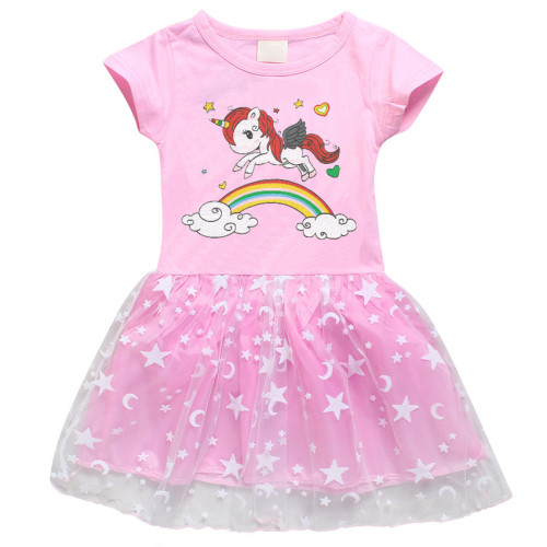 Toddler Girl Rainbow Horse Short Sleeve Princess Dress