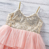 Toddler Kid Girl Golden Sequins Suspender Pink Tutu Princess Dress