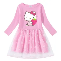Toddler Girl Strawberry Printed Mesh Long Sleeve Tutu Dress
