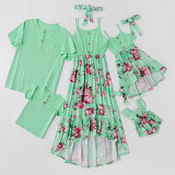 Matching Family Suit Flowers Mom Girl Slip Green Dress And Dad T-Shirt