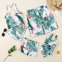 Matching Family Suit Flowers And Leaves Printing Family Parent-Child Beach Swimsuit