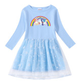 Toddler Girl Rainbow Horse Printed Mesh Long Sleeve Tutu Dress